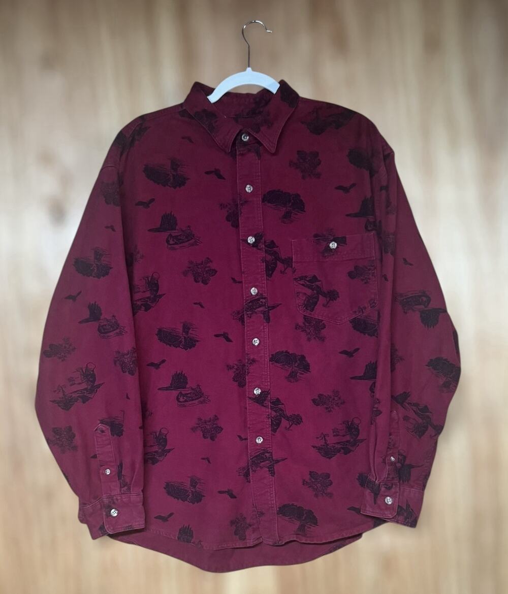Vtg Eddie Bauer 90s Mens XL Burgundy Bird Cabincore Button Down Outdoor Heritage